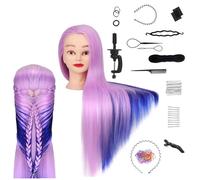 TwoWin Hairdressing Training Head, 25" Synthetic Fiber Hair Mannequin Head, Wig Styling Head with Clamp and DIY Braiding Set (Light Purple + Navy Blue)
