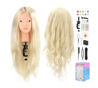 TwoWin Hairdressing Training Head, 26" 80% Real Hair Make-upable Mannequin Head, Wig Styling Head with Clamp and DIY Braiding Set (Pearl White)