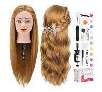 TwoWin Hairdressing Training Head, 26" 80% Real Hair Mannequin Head, Wig Styling Head with Clamp and DIY Braiding Set (Light Brown)