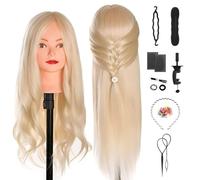 TwoWin Hairdressing Training Head, 26" 80% Real Hair Mannequin Head, Wig Styling Head with Clamp and DIY Braiding Set (Rose Red+Yellow)