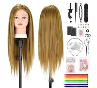 TwoWin Hairdressing Training Head, 26" 80% Real Hair Mannequin Head, Wig Styling Head with Clamp and DIY Braiding Set (Light Brown)