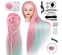 TwoWin Hairdressing Training Head, 28" Synthetic Fiber Hair Mannequin Head, Wig Styling Head with Clamp and DIY Braiding Set (Soft Pink+Green)