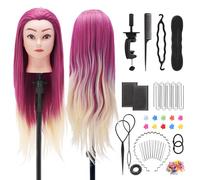 TwoWin Hairdressing Training Head, 29" Synthetic Fiber Hair Mannequin Head, Wig Styling Head with Clamp and DIY Braiding Set (Hot Pink+Gold)