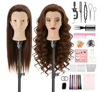 TwoWin Hairdressing Training Head with Pierced Ears, 24" 80% Real Hair Hairdressing Mannequin Head, Wig Styling Head With Clamp And Tools Set for Hair Braiding, Cutting & Styling Practice (Brown)