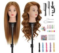 TwoWin Upgraded Voluminous Hairdressing Training Head, 26" 80% Real Hair Mannequin Head, Hairdressing Head for Hair Styling Practice, Styling Head with Clamp And Tools Set (Light Gold)