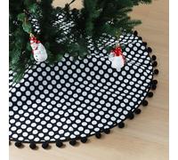 TWSANTAMAS 36-Inch Christmas Tree Skirt, Black and White Polka Dot Pattern with Pom-Poms, Rustic Farmhouse Holiday Party Tree Mat Decor