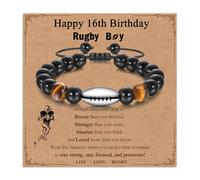 Twutqel Rugby Beaded Bracelet for Boys 16th 18th Birthday Gifts, Adjustable Braided Obsidian Tiger Eyes Rugby Bead Bracelet, Rugby Jewellery Gifts for Son Grandson Brother Nephew (16 Yellow Tiger Eye)