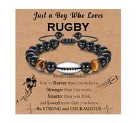 Twutqel Rugby Beaded Bracelet for Boys, Adjustable Black Woven Rope Tiger Eyes Obsidian Rugby Bracelet for Men, Birthday Graduation Gifts for Son Grandson Brother Friends Team (Yellow Tiger Eye)