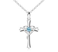 TXCLTS jewelry HOH-Tech Cross for Women Sterling Silver Cross Birthstone Cross Jewelry Cross Pendant for Mothers Wife Daughter-Mar-Aquamarine, 18"+2", Sterling Silver, Cubic Zirconia Jewelry for girls