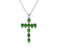 TXCLTS jewelry Sterling Silver Natural Chrome Diopside Cross Pendant for Women Pear Cut Natural Chrome Diopside Rhodium Plated 18 Inches Cross Chain, Sterling Silver, Created Sapphire Jewelry for