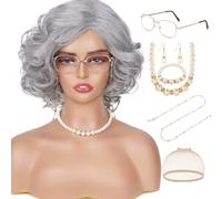 Txfynkuvy Old Lady Wig Costume Set for Women Grandma Wig and Glasses Chain Pearl Bead Necklace Silver Grey Granny Wigs for Old Woman Cosplay Halloween Party (Gray)