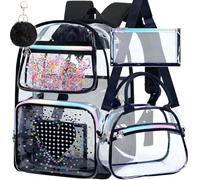 TXHVO 17" Clear Backpack for Boys, 3Pcs Kids Transparent Bookbag with Lunch Box, Heavy Duty See Through PVC School Bag (Black)