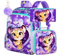 TXHVO 3Pcs Backpack for Girls, 16" Kids Bookbag with Lunch Box, School Backpacks for Elementary Preschool Kindergarten, Purple Love Leopard, One Size, Leopard Backpack