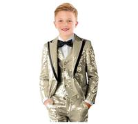 Txjojn Boys 3 Piece Glitter Tuxedo Suit Slim Fit Formal Prom Outfit Shiny Blazer Bow Tie, champagne, 8