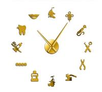 TXLEAPEY 3D Wall Clock Sticker Dental Practitioners Dentist Tools Clinic Stomatological Hospital Orthodontics Room Decor Frameless Clock(Gold)