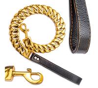 txprodogchains Big Chew Proof Dog Leash for Large Dogs, 32MM Thick Gold Chain Leash Heavy Duty Chain Dog Leash Stainless Steel Dog Leash Chain with Leather Padded Handle(Gold, 3FT)
