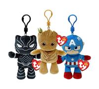 TY Marvel Plush Clip Multipack - Black Panther, Captain America & Groot | Three Marvel plush bag clips for collecting, gifting and taking favourite superhero characters on everyday adventures.