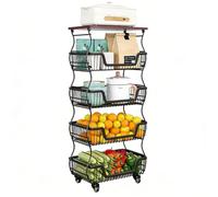 TY&WJ Metal Wire Kitchen Rolling Cart with Wooden Top,Large Capacity Utility Storage Cart with Wheels Mobile Fruit Vegetable Storage Cart for Pantry Microwave,Black,5 Tier