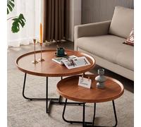 TY&WJ Round Nesting Wood Coffee Table Set of 2,Modern Center Table with Metal Non Slip Feet Side End Tables for Living Room Office,D,80cm(31.5")+60cm(23.6")