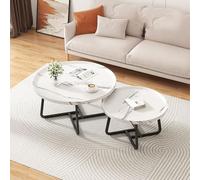 TY&WJ Round Nesting Wood Coffee Table Set of 2,Modern Center Table with Metal Non Slip Feet Side End Tables for Living Room Office,C,70cm(27.6")+50cm(19.7")