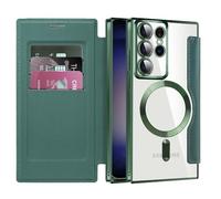 Tybiky Compatible with Samsung S23 Case, Leather Case Card Holder Mag-Safe Charge Protective Case, Electric Plate Magnetic Attraction Mobile Phone Case, with Lens Film, Army Green