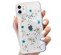 Tybiky iPhone 13 Pro Max Case Dried Flowers Case Crystal Gel Protective Case Handmade Everlasting Flower Bumper Cover Shell Protective Case for iPhone 13 Pro Max, Small Blue Flower