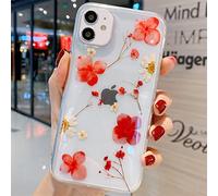 Tybiky Mobile Phone Case for iPhone 13 Real Flowers Soft Silicone Case with Handmade Dried Flowers Transparent Ultra Thin Immortal for iPhone 13 4 Red White Daisy