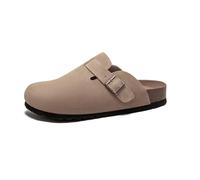Tyboch Women's Suede Clogs Soft Leather Mules Adjustable Buckle Cork Footbed Potato Shoes with Arch Support, taupe, 8.5/9 UK