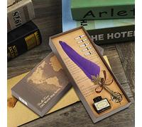 TYCIONG Vintage Retro Quill Feather Dip Pen Set Elegant Calligraphy Writing Artists Natural Feather Alloy 6 Nibs Lightweight (Purple)