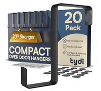 Tydi Compact Over Door Hanger (20 Pack) - Holds 6KG - Reversible Fit for 3.6cm & 4.6cm Doors - Thick Stainless Steel Over Door Hooks with Felt & Adhesive Pads - Black