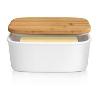 Tydi Elegant Porcelain Butter Dish with Lid Ceramic - 16x10.5x7 cm (up to 600g Capacity) Butter Dishes with Lids - Removable Silicone Seal - White with Bamboo Lid - Butter Container