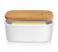 Tydi Elegant Porcelain Butter Dish With Lid Ceramic - 16X10.5X7Cm - 600G Capacity - Silicone Seal - White Bamboo Lid