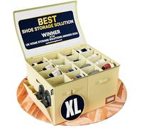 Tydi Shoe Storage Box - Ultra-Stiff Large Shoe Organiser with Clear Zip Cover, Tag Insert & 16 Compartments - Stackable Shoe Storage Solution & Space Saver for Closet & Wardrobe - Cream