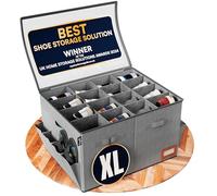 Tydi Shoe Storage Box - Ultra-Stiff Large Shoe Organiser with Clear Zip Cover, Tag Insert & 16 Compartments - Stackable Shoe Storage Solution & Space Saver for Closet & Wardrobe - Grey