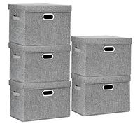 TYEERS Large Storage Box with Lid, Collapsible, Washable, Fabric Storage Box for Clothes, Wardrobe Storage, 44x30x29 cm, Set of 5, Grey