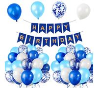TYGA Blue Balloons, 12 Inch, 16 Pack + 3, Blue, White Ribbon with Happy Birthday Banner - Strong Thicken Latex Birthday, Assorted Multicoloured White, Blue, Confetti Balloons - Perfect for Kids Party