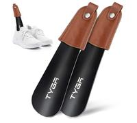 TYGA Metal Shoe Horn, 17 cm, Leather Handle, Hook Design, Black | Compact 17 cm Design, For Men, Women & Kids, Helps Slip Shoes On, For Everyday Footwear, Leather Handle Strap, Built-In Hook
