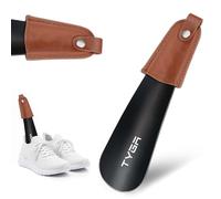 TYGA Metal Shoe Horn, 17 cm, Leather Handle, Hook Design, Black | Compact 17 cm Design, For Men, Women & Kids, Helps Slip Shoes On, For Everyday Footwear, Leather Handle Strap, Built-In Hook