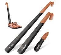 TYGA Store Tyga Metal Shoe Horn Set (17Cm, 42Cm & 58Cm) Extra Long Handled Shoehorn With Leather Handle Strap, Black (Set Of 3)