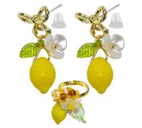 TYGFRT 1 Pair of Lemon Pendant Earrings, 1 Piece of Lemon Ring, Fruit-Shaped Jewelry, Creative Long Earrings, Adjustable Ring, Party Wear Matching Accessories.