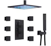 TYHAYJYK Shower System, Thermostatic Matte Black Brass 10-16 Inch LED Ceiling Mount Rainfall Shower Head System with 6 Body Sprays and Handheld Shower Combo Set,12 Inch