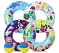 TYHBRV 6 Pack Pool Floats Kids, Pool Swim Tubes Rings(4 Pack) - 4Pcs Inflatable Big Floaties Beach Swimming Toys with 2Pcs Beach Balls for Adults Raft Floaties Toddlers(03- Fruit Yellow Blue Purple)