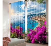 TYHKXAI 2Pcs French Riviera Coast View Blackout Curtains Medieval Town Landscape Curtains Sunshine Blue Sky Beach Window Curtain WxH/2x83x180cm