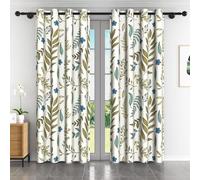 TYHKXAI 2pcs Green Leaves Window Curtains Boho Modern Bedroom Blackout Curtains Blue Flowers Natural Plants Curtain Living Room WxH/2x100x215cm
