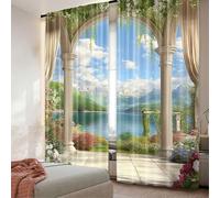 TYHKXAI Blackout Curtain Old Stone Arch View the Sea Balcony Fresco Garden Plants for Bedroom Living Room Dining Room 2 Panels WxH/2x167x137cm
