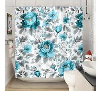 TYHKXAI Blue Flowers Bathroom Shower Curtain Waterproof Polyester Fabric Bath Curtains Washable with Hooks Bathtub Green Leaves(300x195cm/WxH)