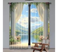 TYHKXAI Italian Window Curtain Old Stone Arch View the Sea Balcony Fresco Garden Plants for Bedroom Bathroom Living Room Dining WxH/2x135x290cm