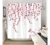 TYHKXAI Pink Sakura Butterfly Shower Curtain Waterproof Polyester Fabric Bathroom Curtains Washable Bath Curtain with Hooks Bathtub(120x190cm/WxH)
