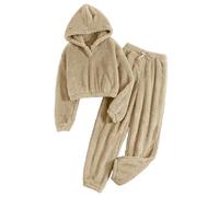 TYHONEYS Women's Fluffy Pyjamas Set UK Winter Fleece Hooded Crop Tops Loose Comfy Furry Trousers 2 Piece Pjs Sets Solid Colour Plush Loungewear Khaki