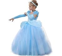 TYHTYM Cinderella Princess Dress Puffy Sleeve Costume, Special Occasion Dresses for Toddler Girls Age 10-11 Years, Ultra Soft Lace Fancy Gown Birthday Party Dress Up, Blue